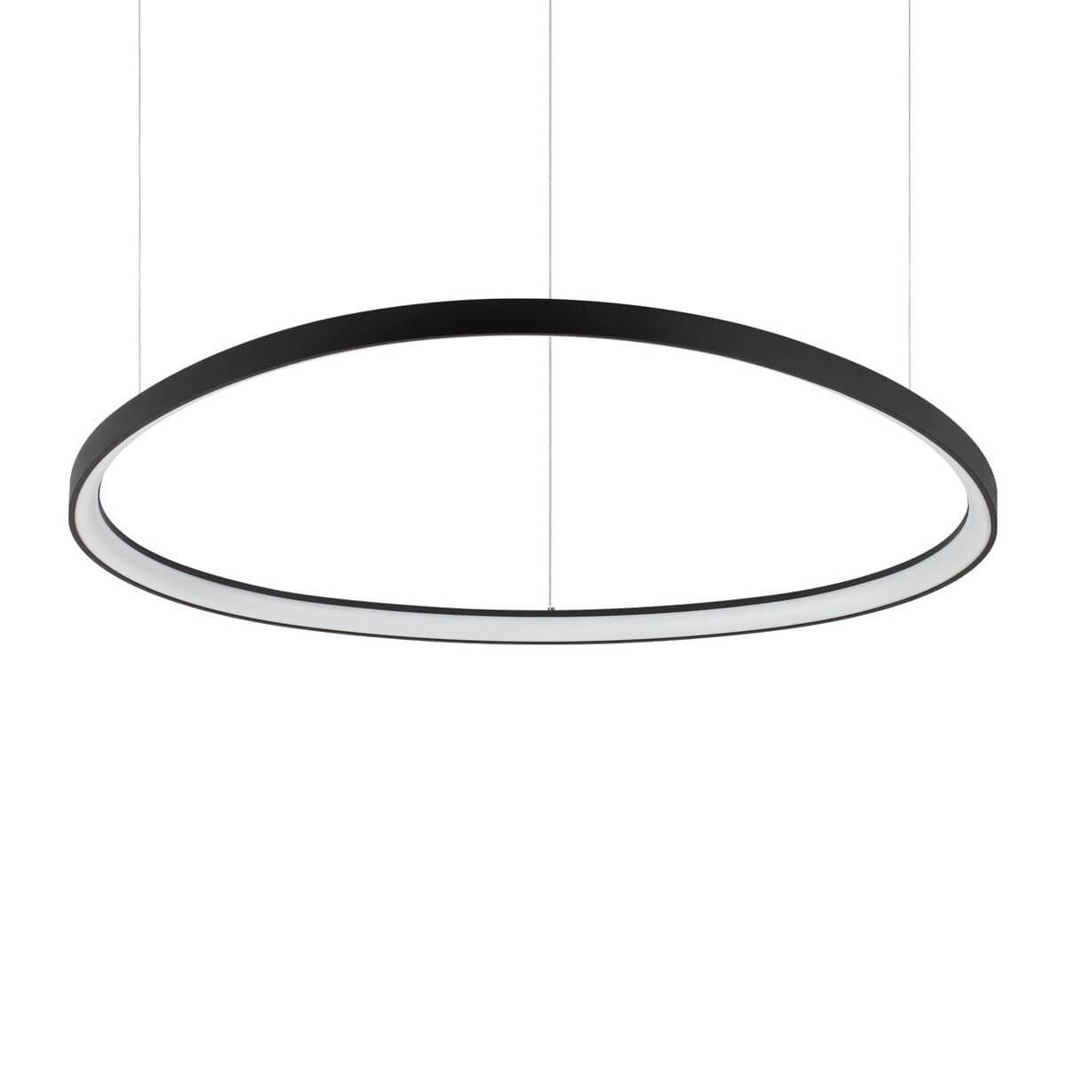 Suspension anneau noir fin suspendu par trois câbles, vue de face sur fond blanc