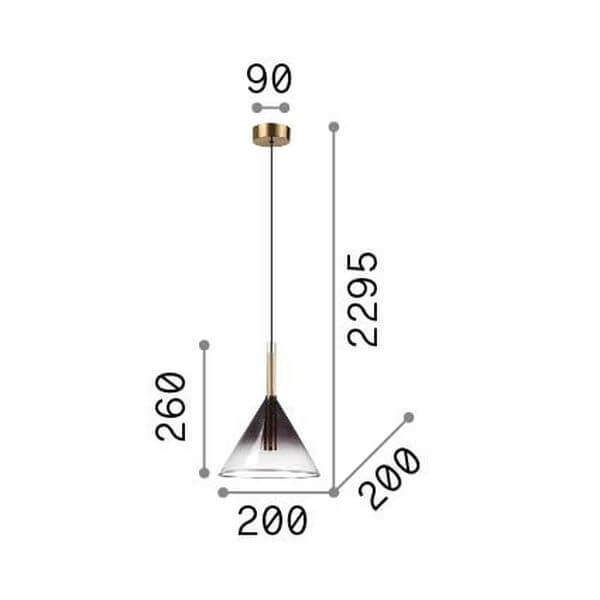 Schéma coté de la suspension : diamètre 20 cm, hauteur 26 cm et câble réglable