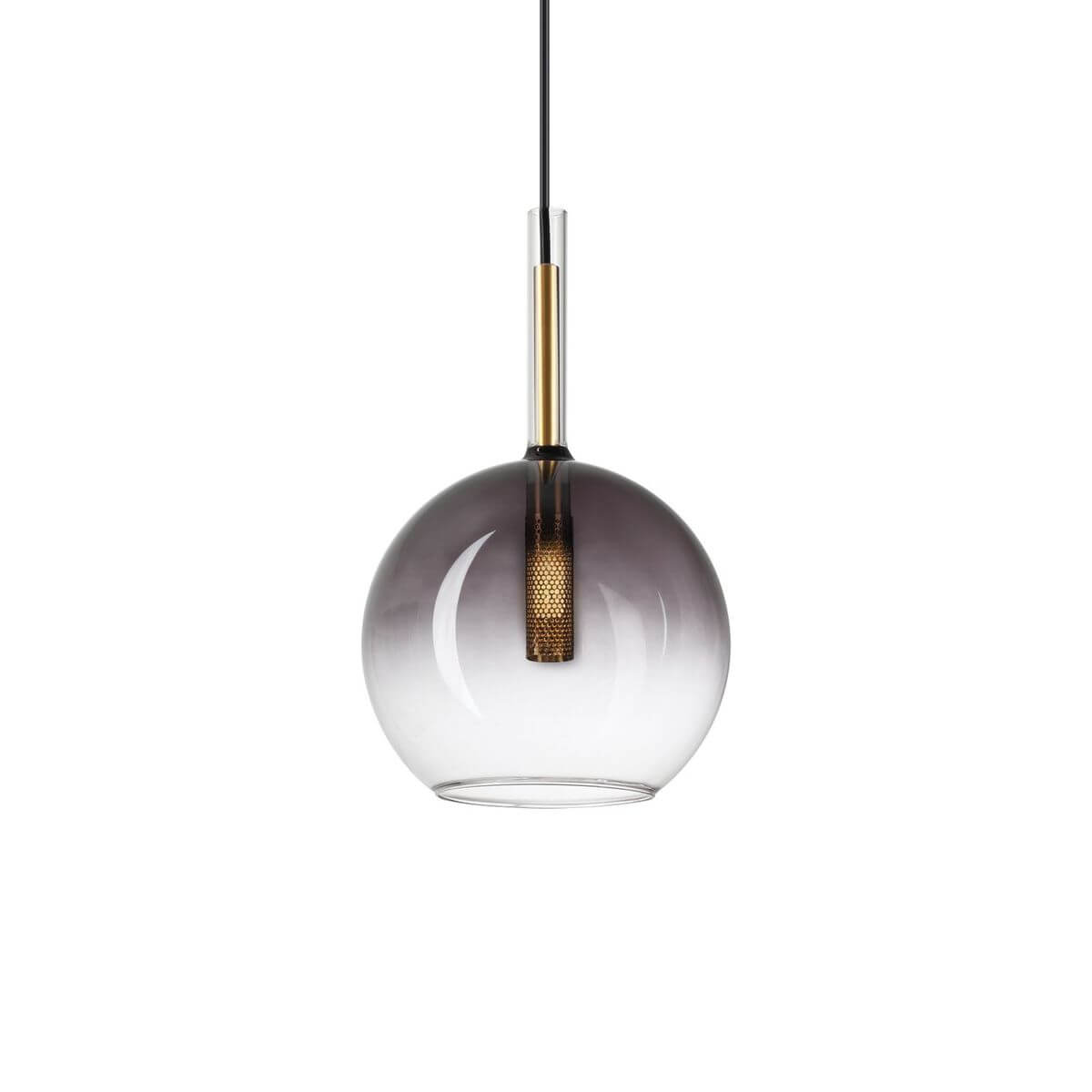 Suspension en verre fumé avec globe sphérique et cylindre intérieur doré perforé