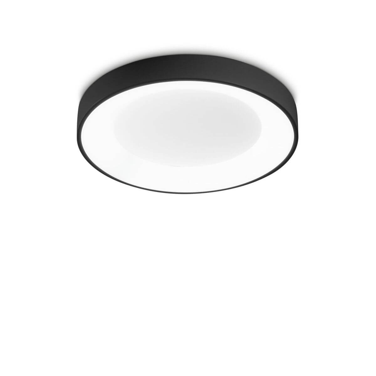 Plafonnier rond noir vu de dessous, diffuseur blanc opaque et cerclage métallique