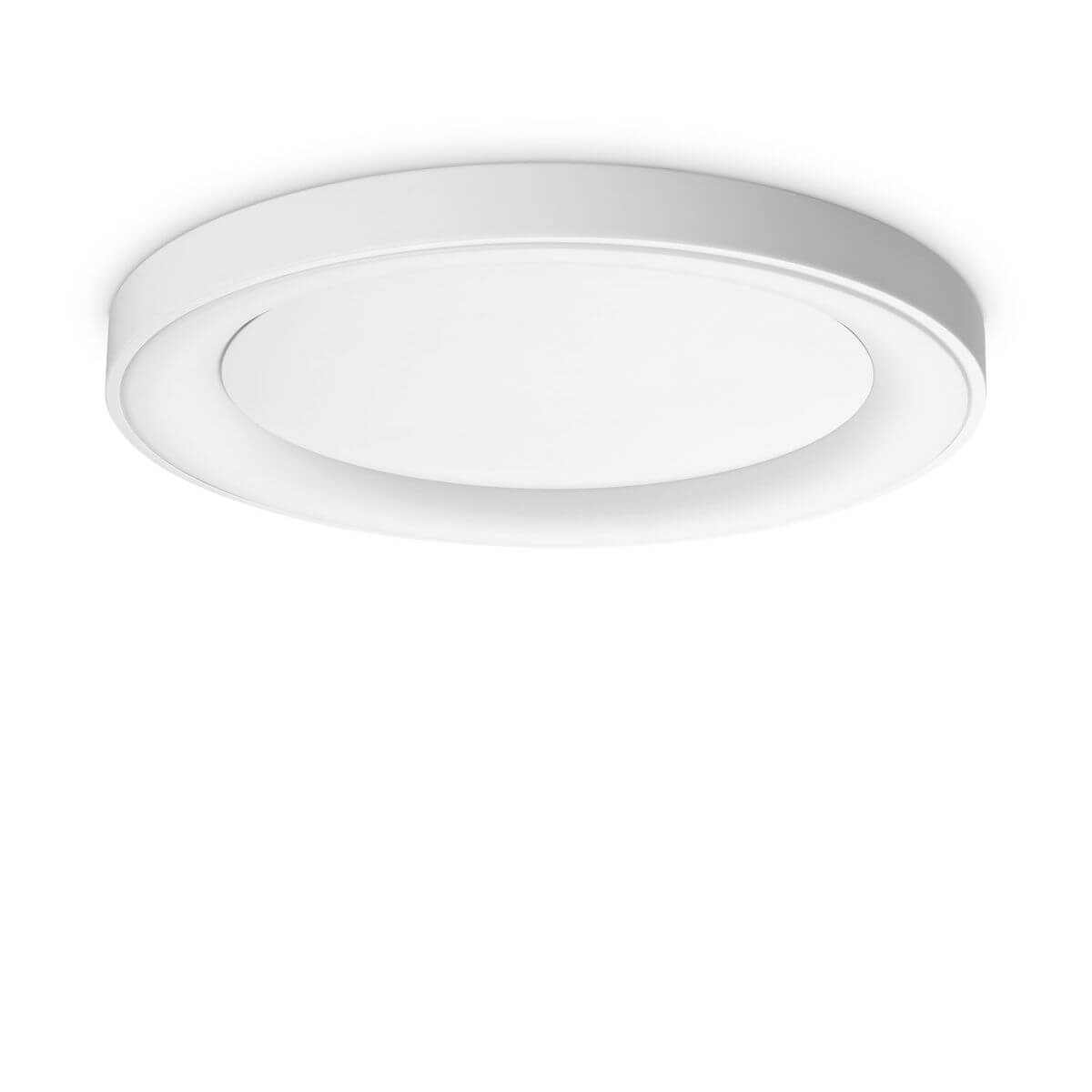 Vue de dessous d'un plafonnier rond blanc avec diffuseur central, montrant sa face lumineuse.