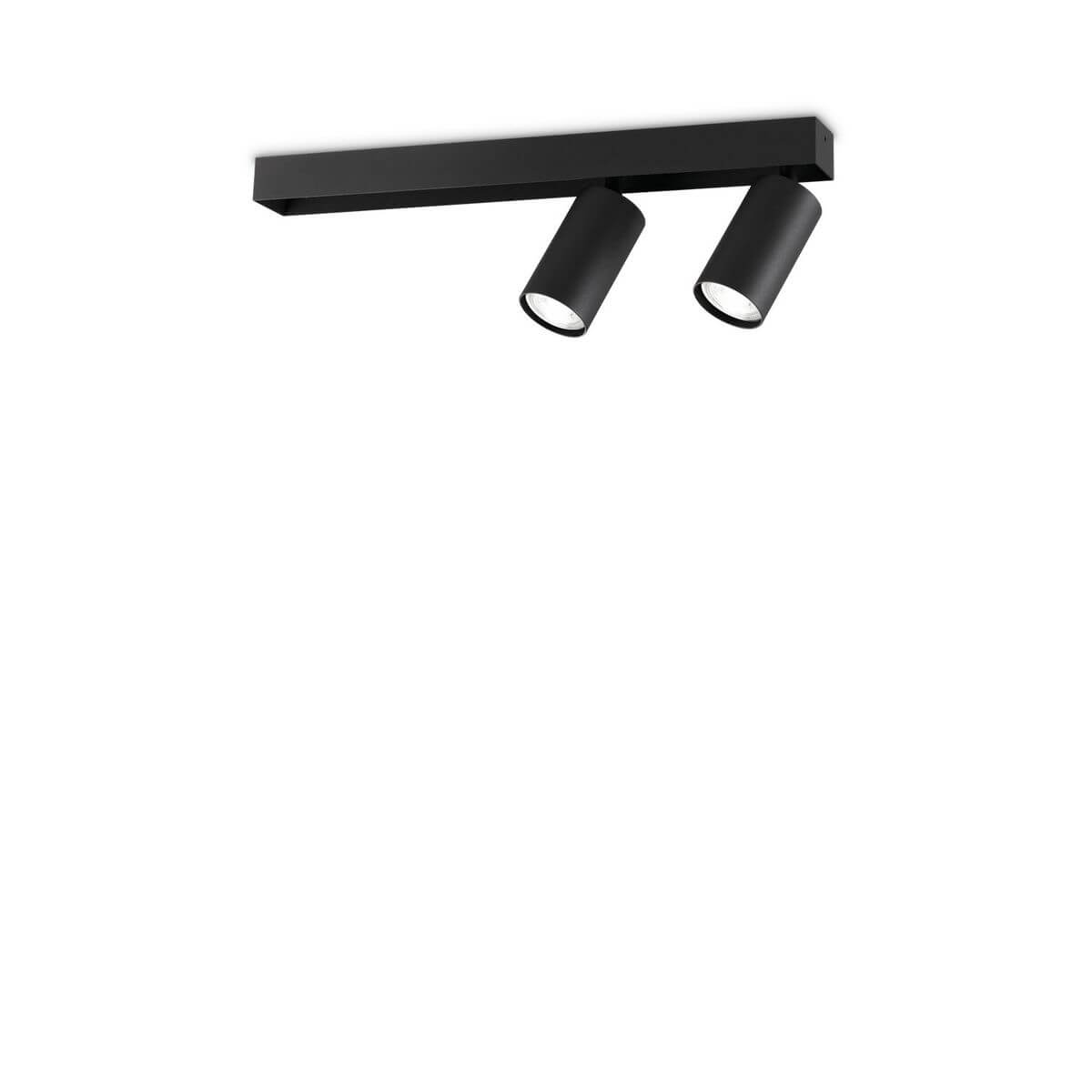 Plafonnier noir avec barre rectangulaire et deux projecteurs cylindriques orientables, vue de face
