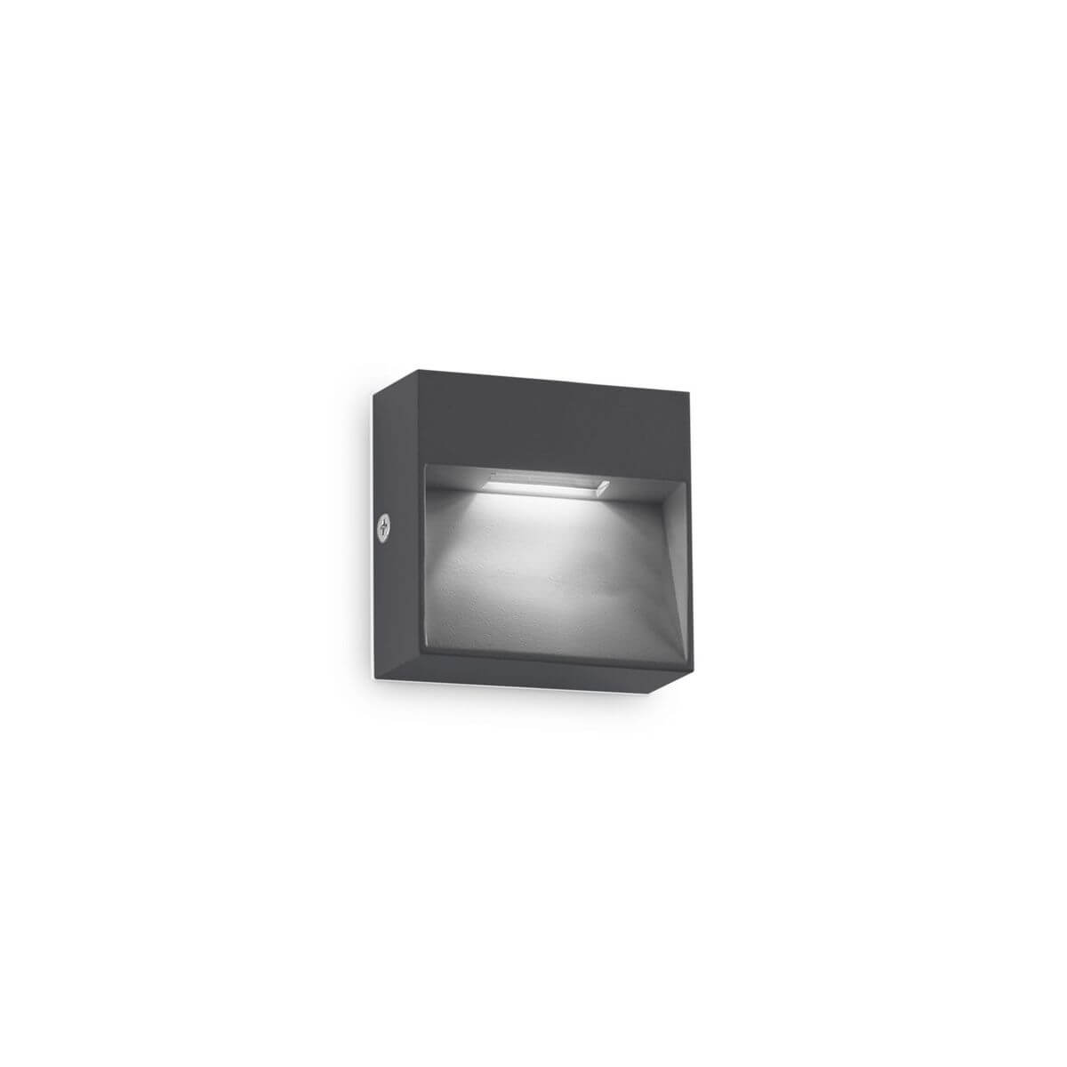Vue de face de l'applique murale carrée anthracite avec diffuseur lumineux encastré.