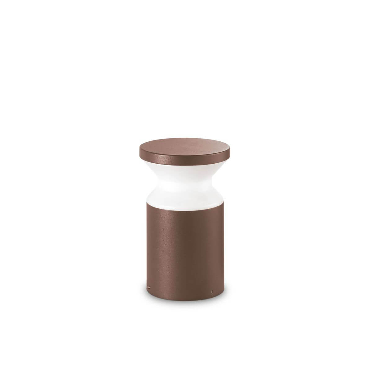 Lampadaire extérieur cylindrique marron et blanc, posé sur le sol, vu de face.