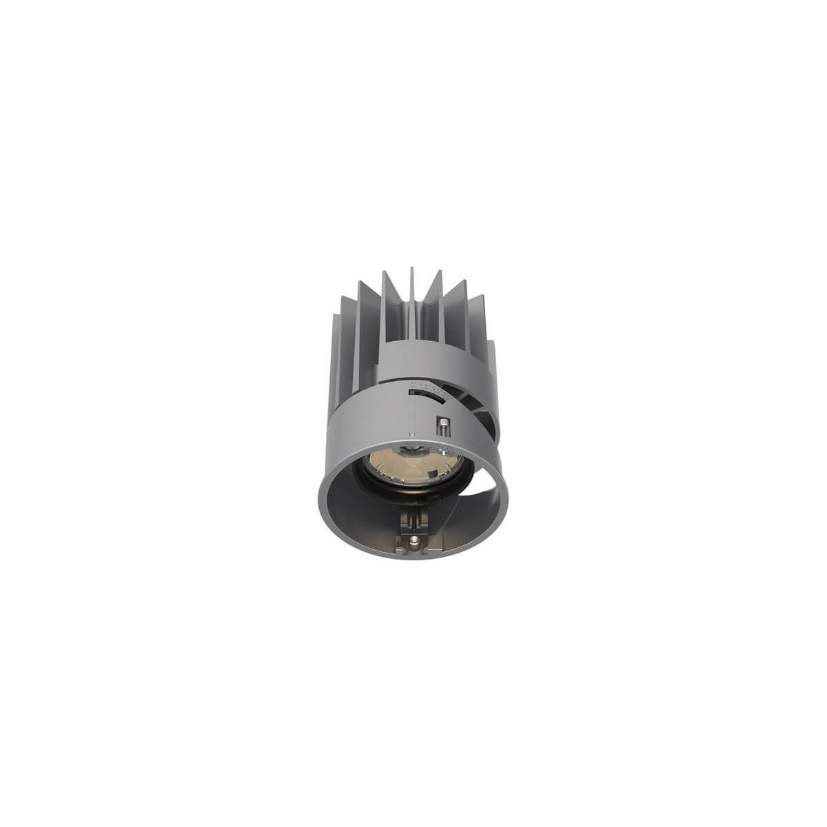 Spot encastrable gris cylindrique avec ailettes de refroidissement, vue de face