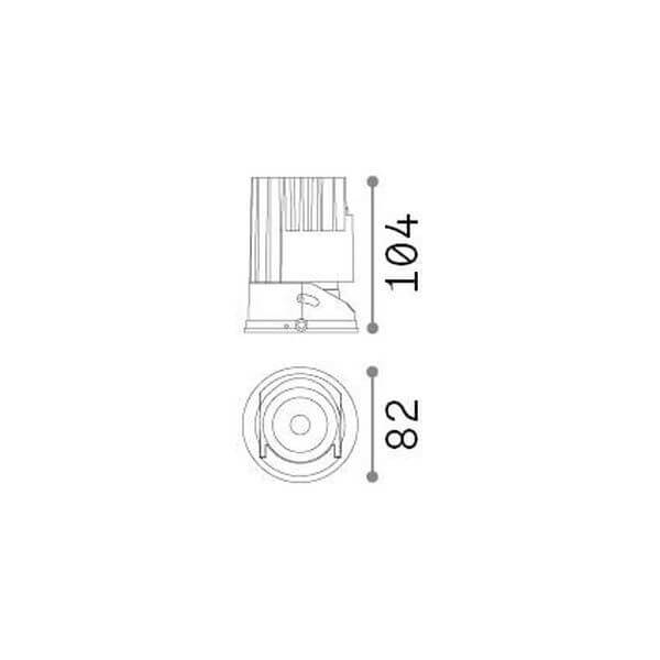 Schéma coté du spot : hauteur 104 mm, diamètre 82 mm, vues profil et dessous.