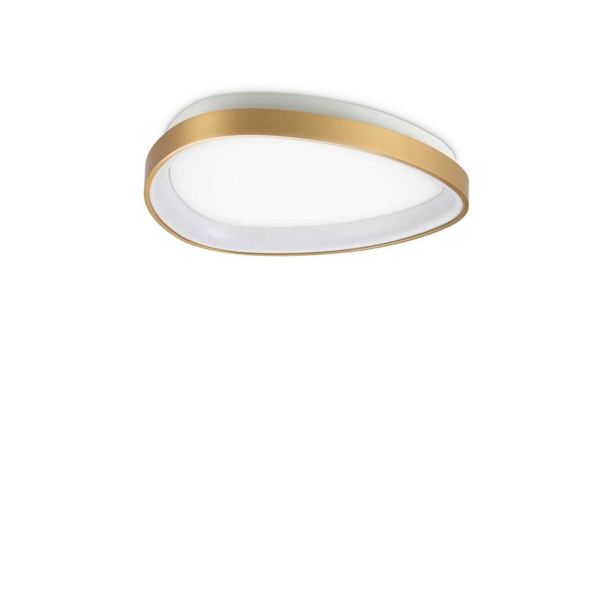 Plafonnier rond en métal doré avec diffuseur en verre blanc, vue de face sur fond blanc.