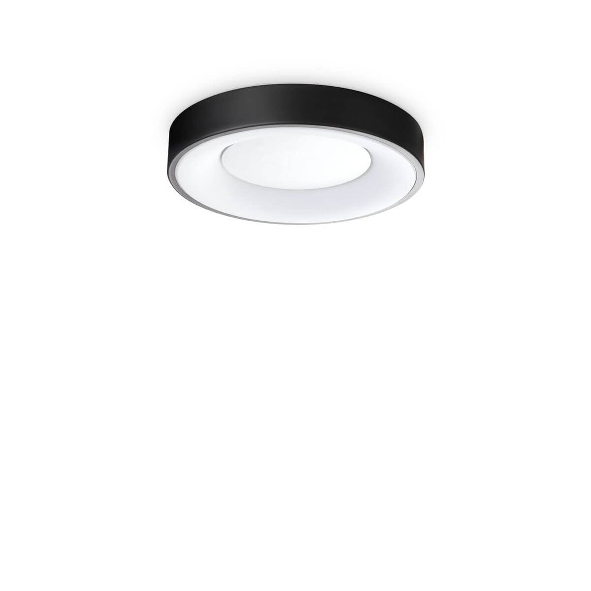 Vue de face du plafonnier rond noir avec diffuseur blanc et bord fin
