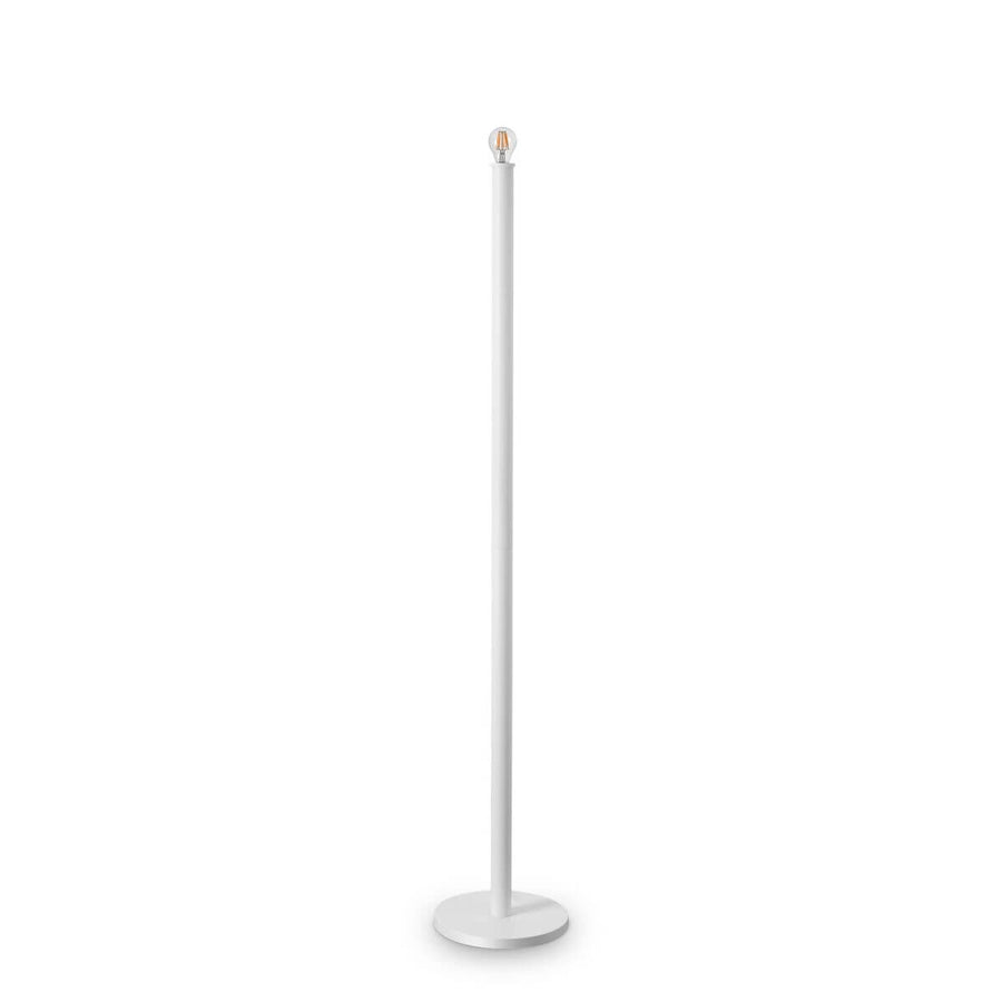 Lampadaire blanc sans diffuseur montrant la douille et l'ampoule au sommet