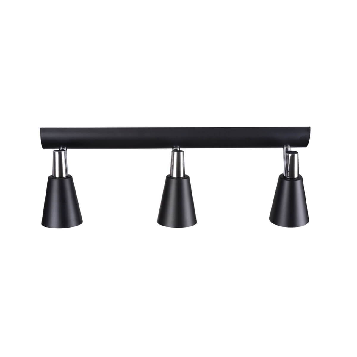 Vue frontale du rail noir avec trois spots coniques orientés vers le bas.