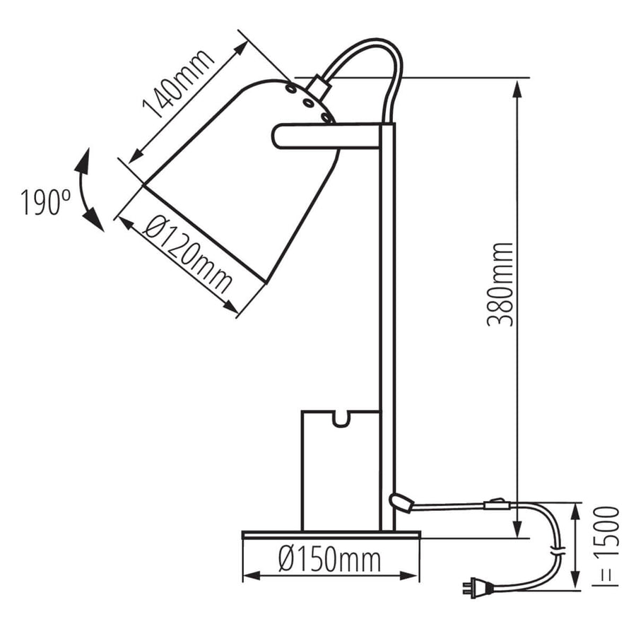 Schéma technique coté : hauteur, diamètres, angle d'inclinaison et longueur de cordon.