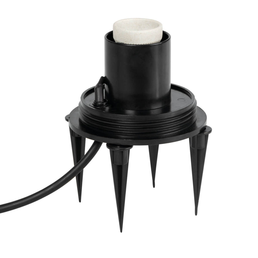 Douille noire montée sur base à piquets, prête à recevoir une ampoule.