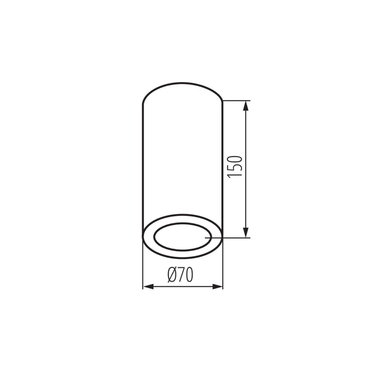 Schéma coté du luminaire : hauteur 150 mm et diamètre 70 mm.