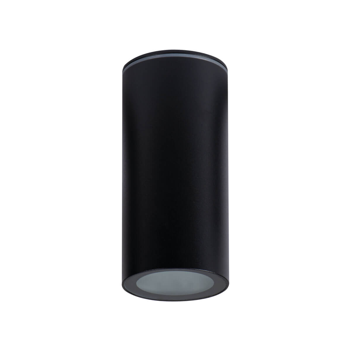 Spot noir cylindrique vu de face sur fond blanc, prêt à être installé.