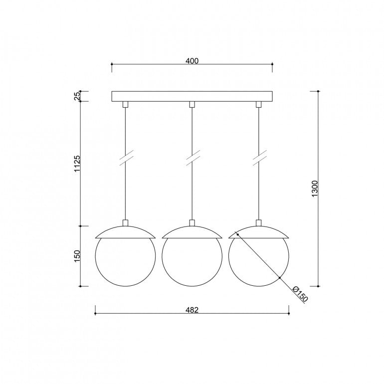 Schéma coté du luminaire avec dimensions du support et des trois globes suspendus.