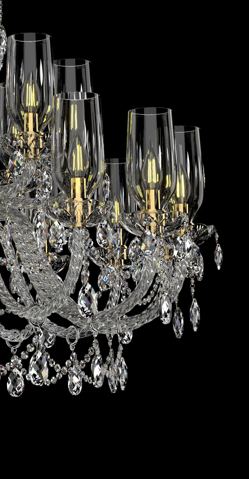 Gros plan sur les bras du lustre, abat-jour en verre et pendentifs en cristal taillé.