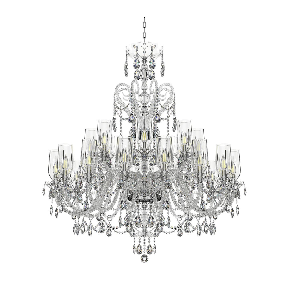 Vue de face sur fond blanc du lustre en cristal avec ses abat-jour transparents.