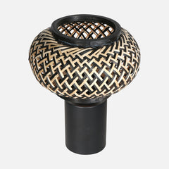 lampe à poser bambou tressé, abat-jour boule & base noire | Bloeba