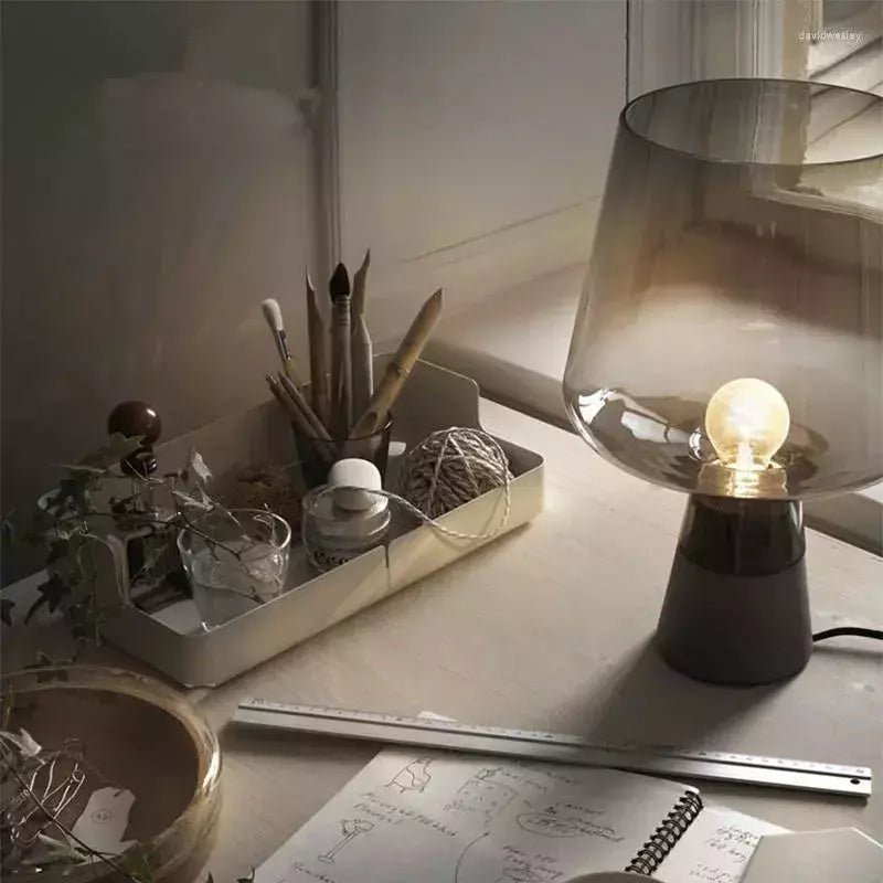 Lampe Art Deco Verre et Béton | Silhouette Urbaine - Designix Lampe de chevet Petite | 20x30cm Gris Fumé