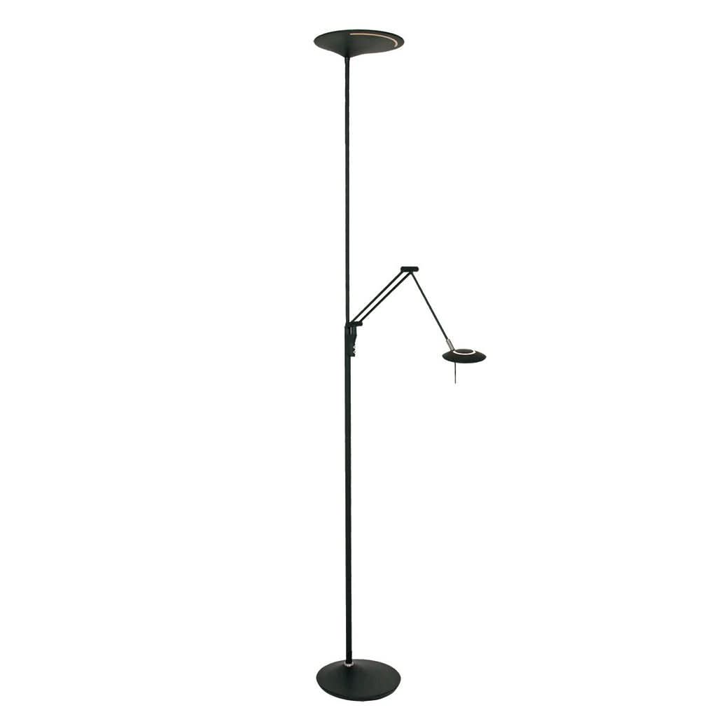 Lampe de sol entière sur fond blanc, vue de face avec bras articulé déployé.