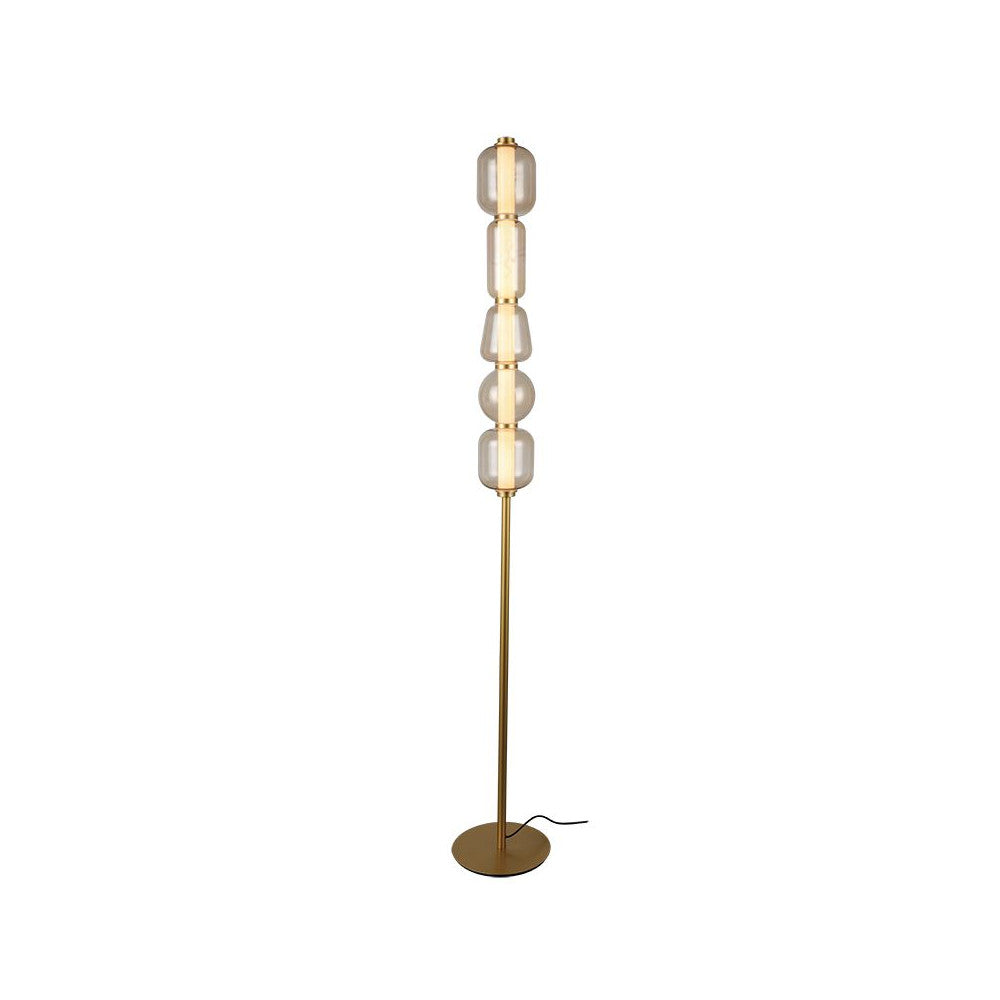 Lampadaire design doré avec cinq globes de verre empilés, vue de face sur fond blanc.