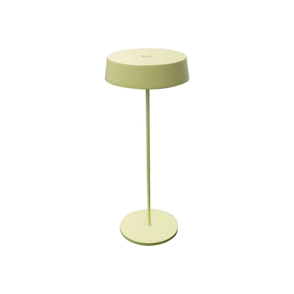 Lampe de table vue de face, abat-jour rond et fin pied sur socle plat