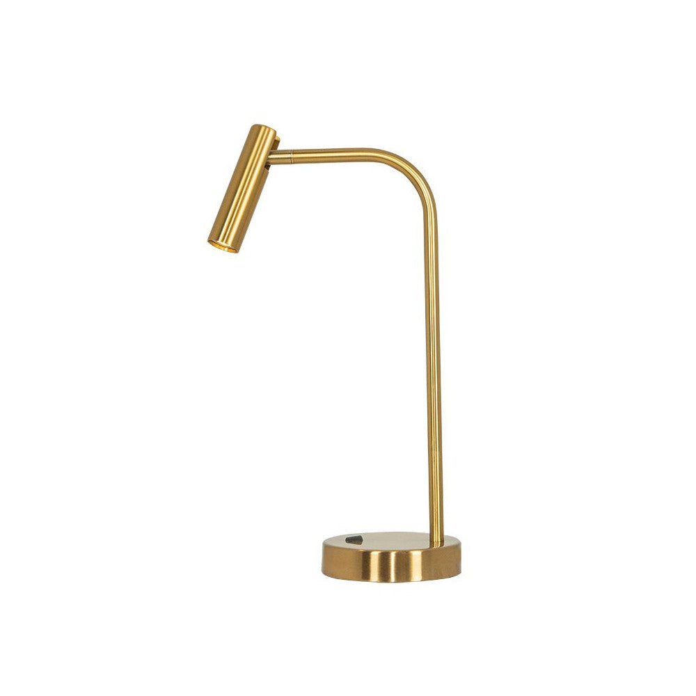 Lampe de table dorée de face, tête cylindrique orientable et socle rond.