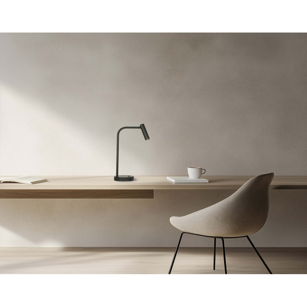 Scène similaire, lampe de bureau noire allumée près d'une tasse blanche et d'un livre