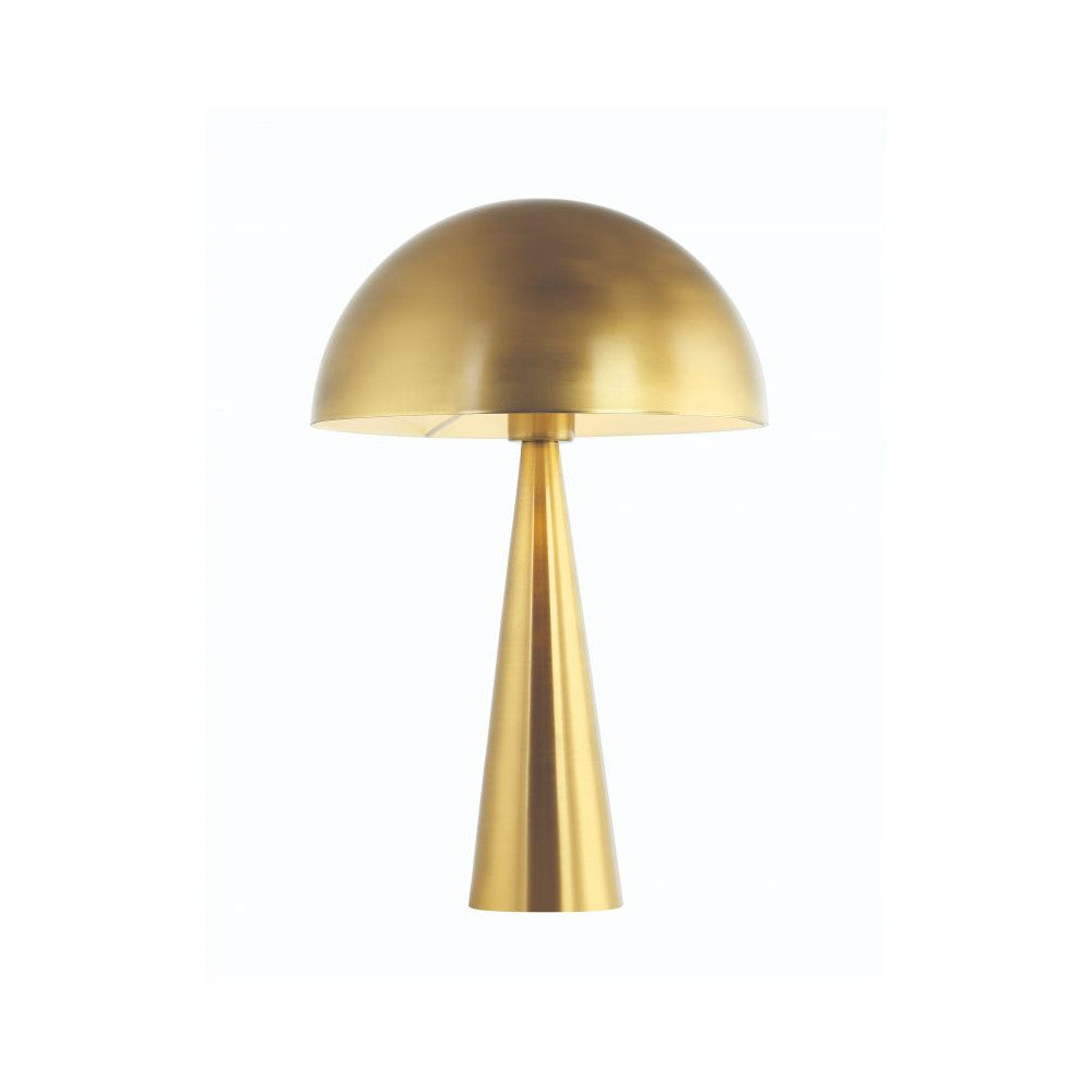 Lampe de table dorée mate vue de face sur fond blanc, abat-jour bombé