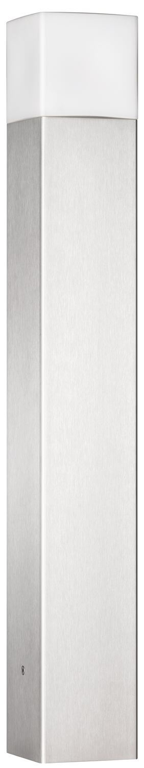 Vue de face d'une borne en inox brossé avec diffuseur blanc sur fond neutre