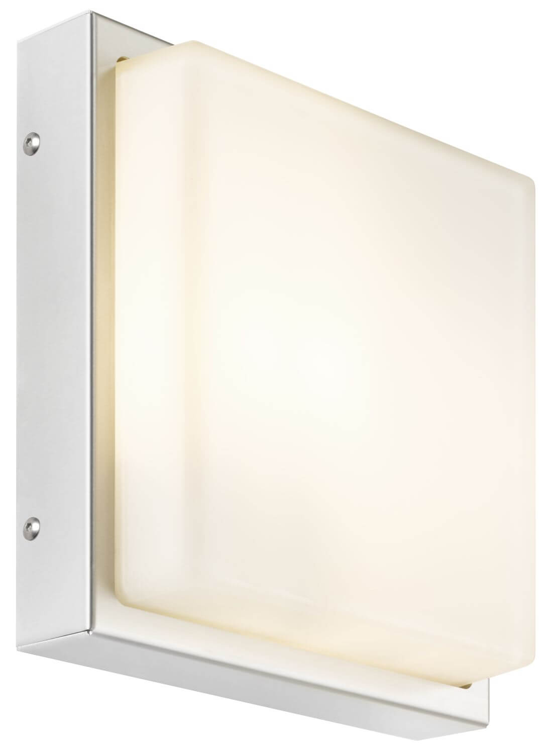 Applique murale en inox allumée, lumière chaude diffusée par diffuseur blanc.