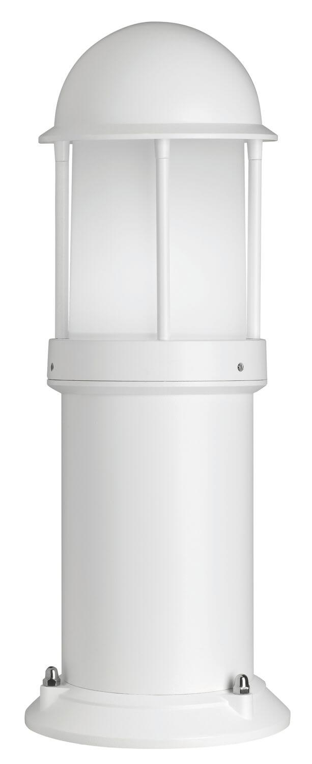 Vue rapprochée de la borne lumineuse blanche, diffuseur et embase à fixer