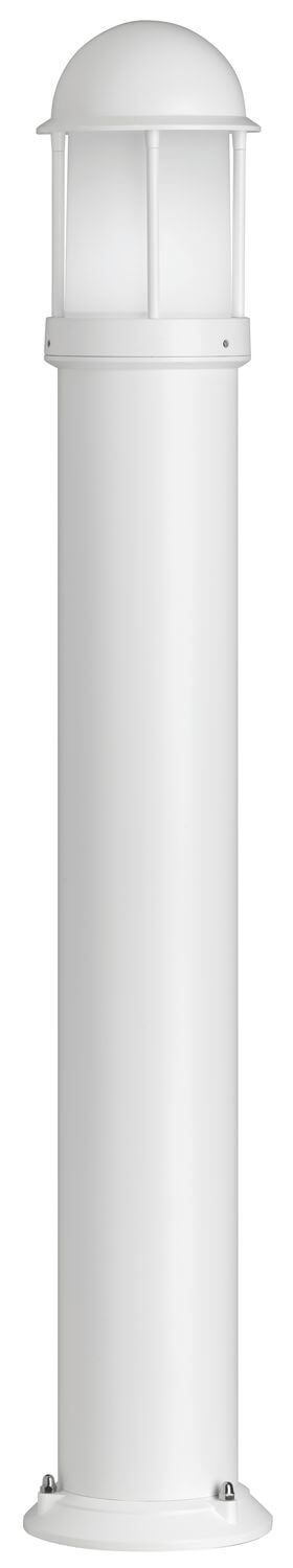 Vue complète de la borne blanche, montrant le socle, le corps et le diffuseur.
