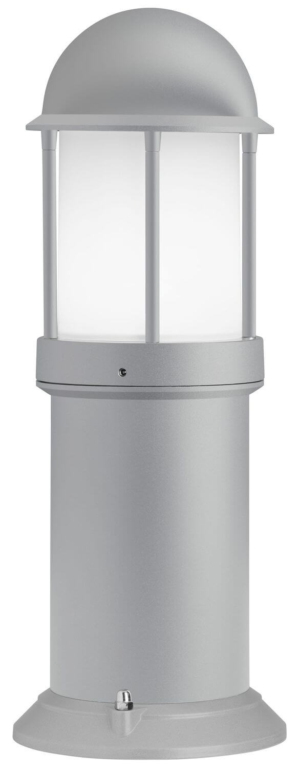 Vue rapprochée du luminaire cylindrique gris, détail du haut et diffuseur dépoli.