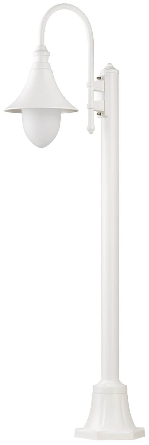 Profil du lampadaire blanc avec détail du support et de la base.