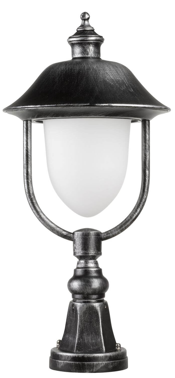 Vue agrandie du luminaire, détaillant la lanterne blanche et le support décoratif.