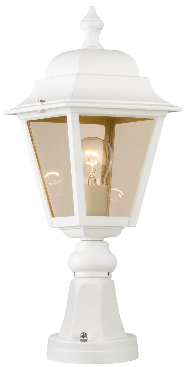 Borne extérieure blanche allumée, ampoule à filament diffusant une lumière chaude.