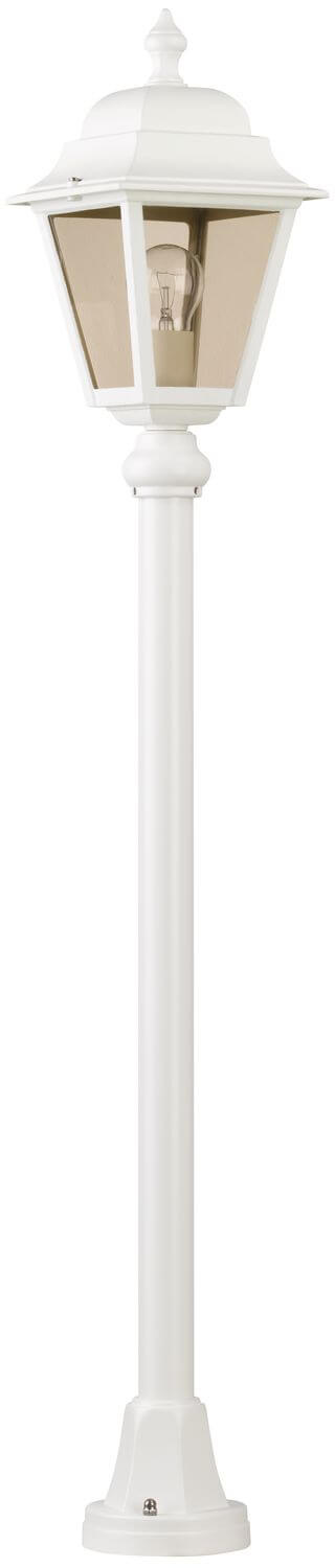 Vue d'ensemble du luminaire extérieur blanc, poteau vertical et base de fixation