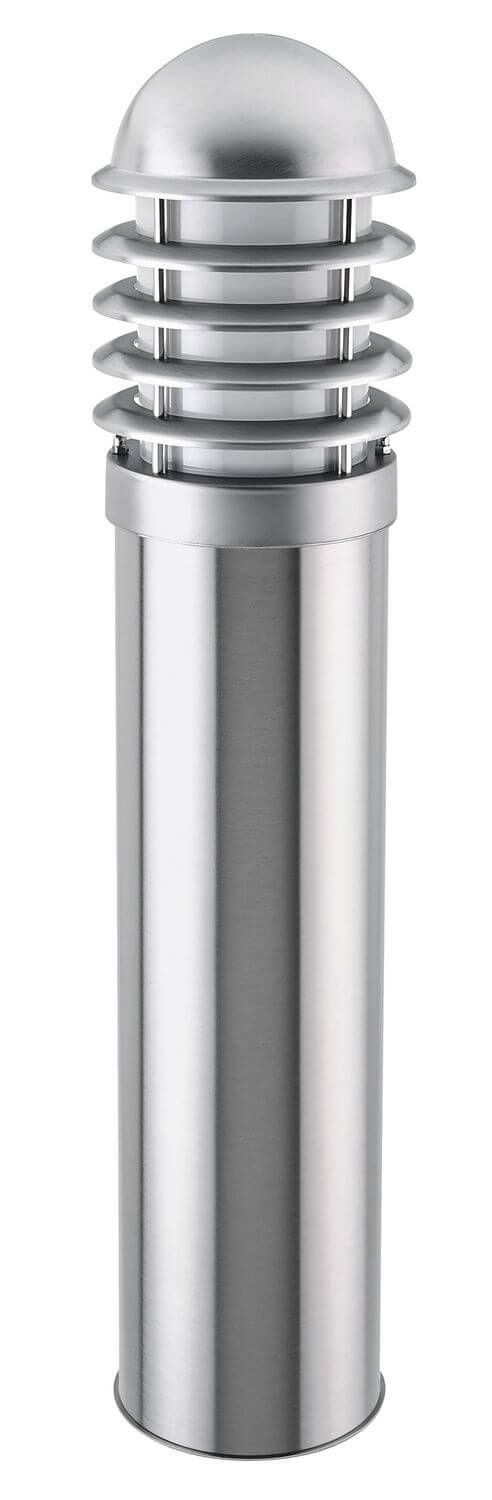 Détail du haut de la borne montrant le dôme et les anneaux en inox.