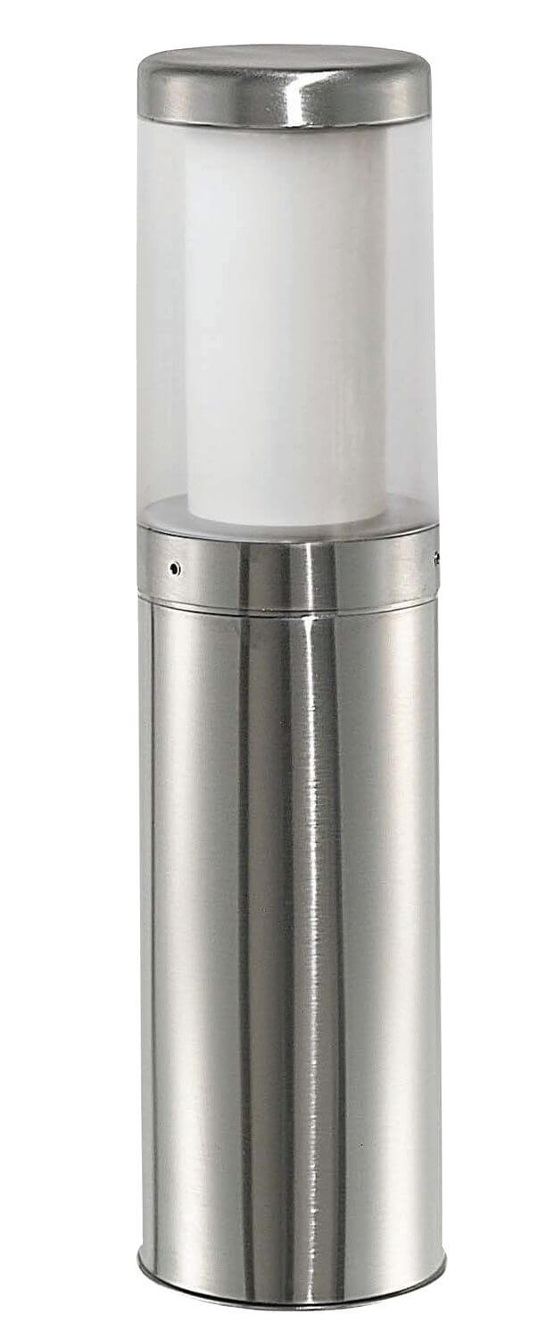 Détail du haut du luminaire montrant le capot inox et le diffuseur opale.
