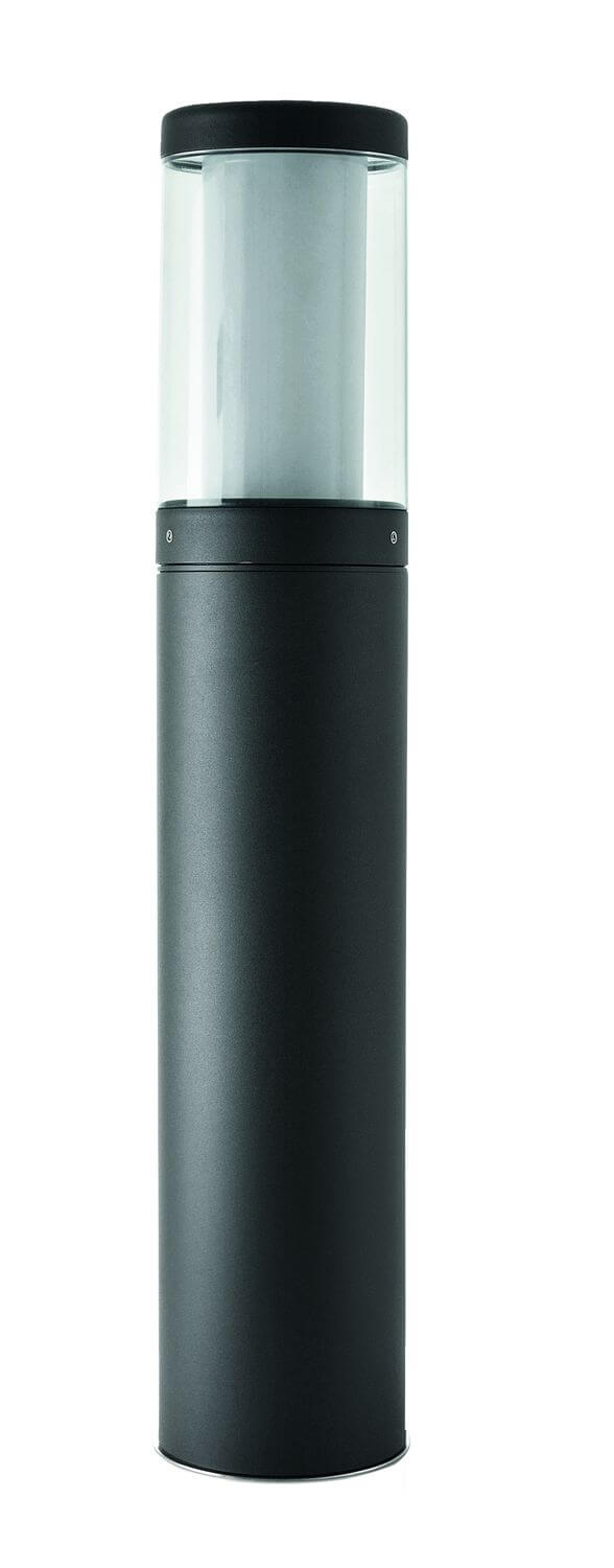Borne anthracite vue rapprochée, partie supérieure vitrée et corps cylindrique, fond blanc.