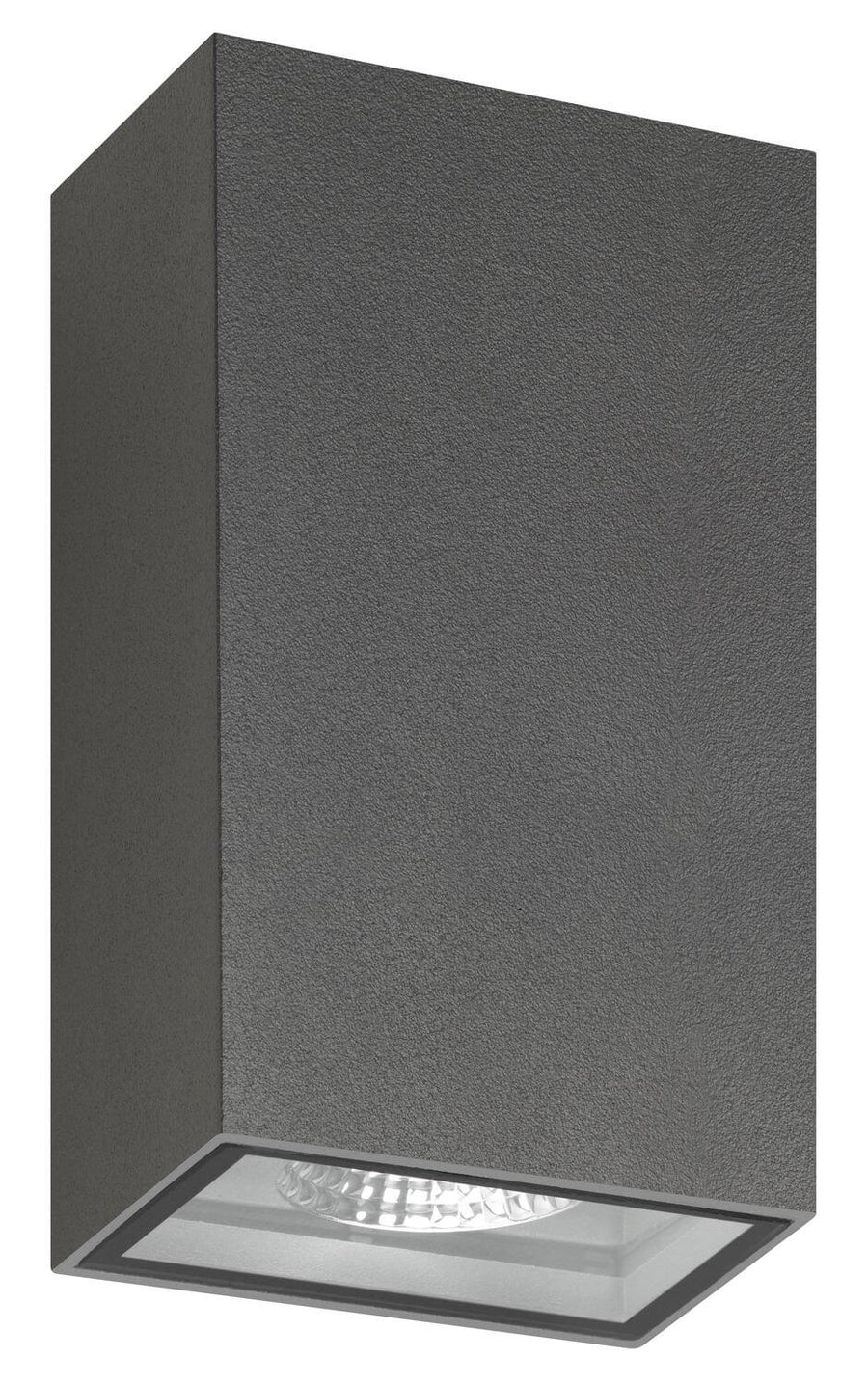 Profil du boîtier rectangulaire à finition anthracite granuleuse, éclairage éteint.