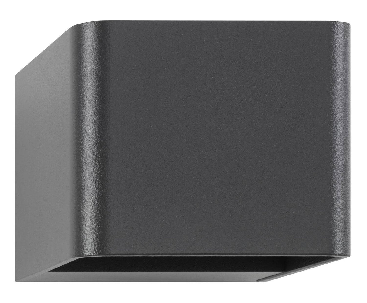 Produit seul sur fond blanc, applique murale cubique anthracite texturée, vue de trois quarts