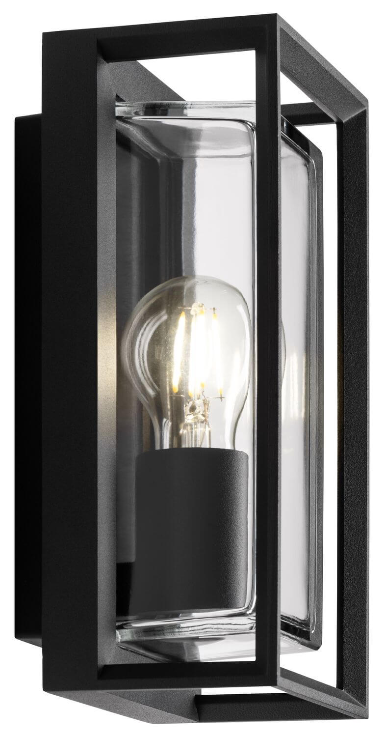Trois quarts du luminaire allumé, détail du verre et de la douille anthracite