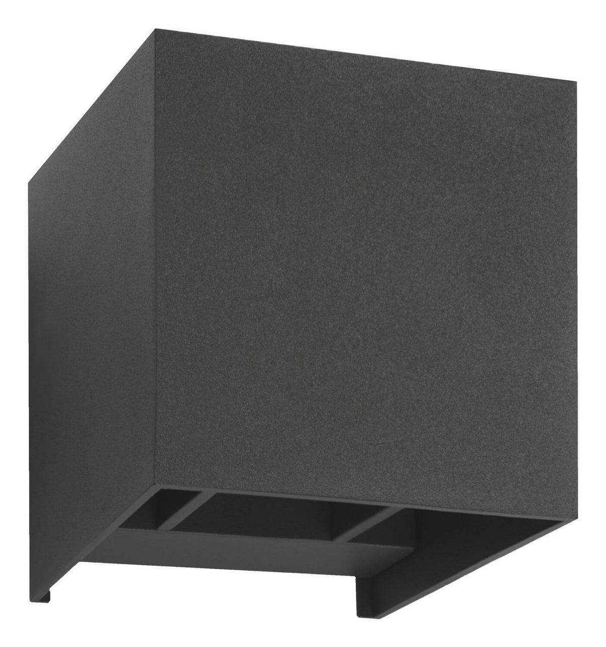 Vue trois quarts du luminaire mural cubique anthracite, sans lumière allumée.