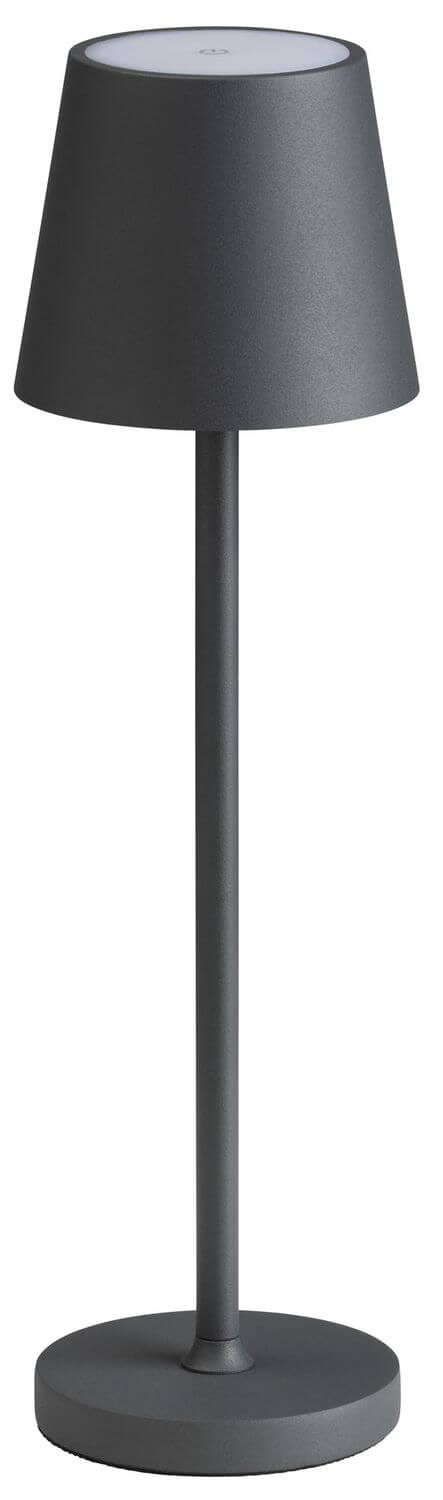Vue de face du luminaire droit, abat-jour conique gris et tige centrale