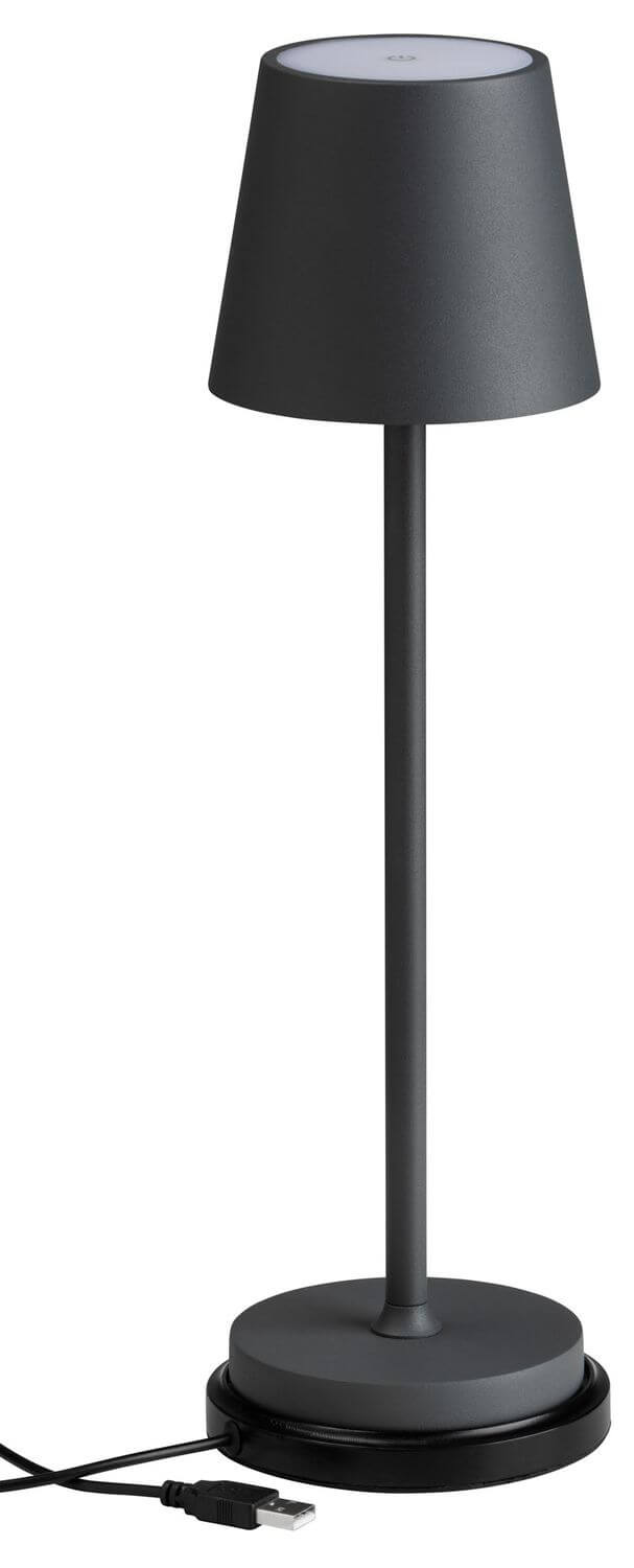 Détail du socle et du câble USB branché, lampe sans fil en charge