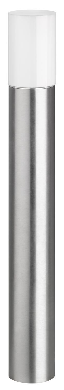 Gros plan sur la partie haute de la borne montrant le cylindre opalin et l'inox