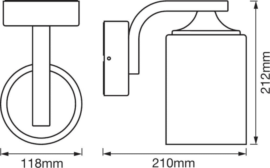 Schéma technique coté du luminaire mural, largeur 118 mm et hauteur 212 mm.