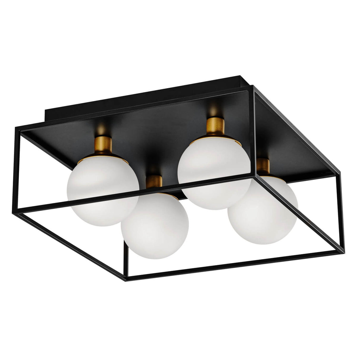 Photo produit sur fond blanc montrant plafonnier carré noir et quatre globes opalins
